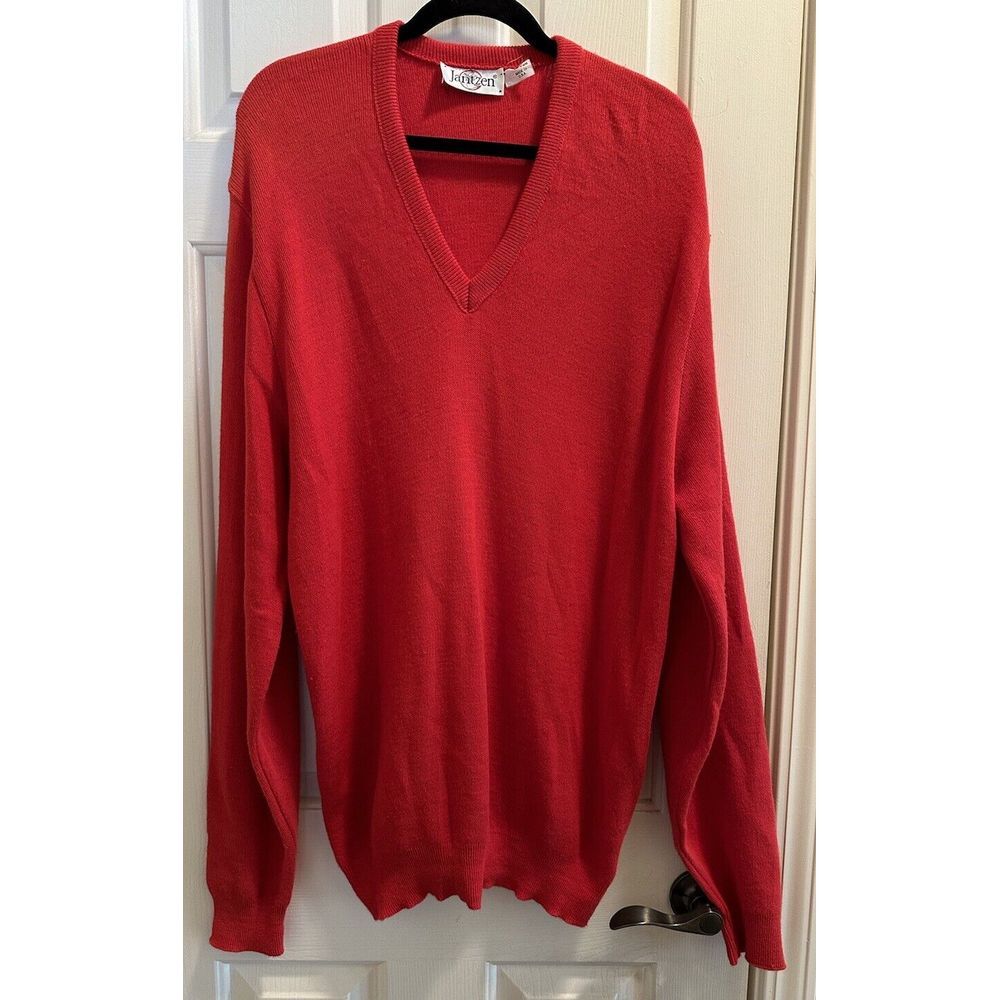 Vintage Jantzen Knit Sweater‎ Red V-Neck Mens Size XL Tall Made In USA